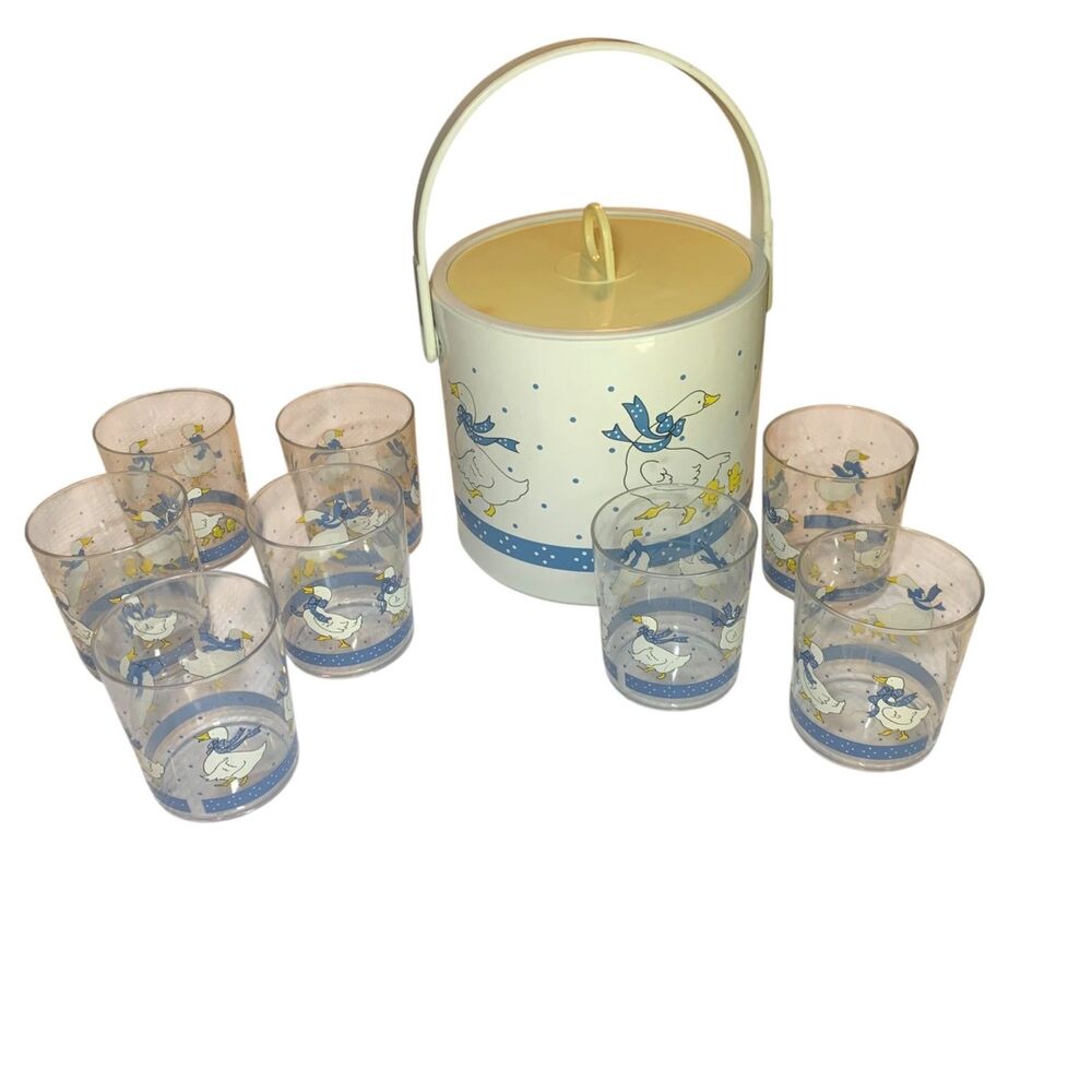 Vintage Giraffe Ice Bucket 8 Glass Set Goose Duck Blue White Cottagecore